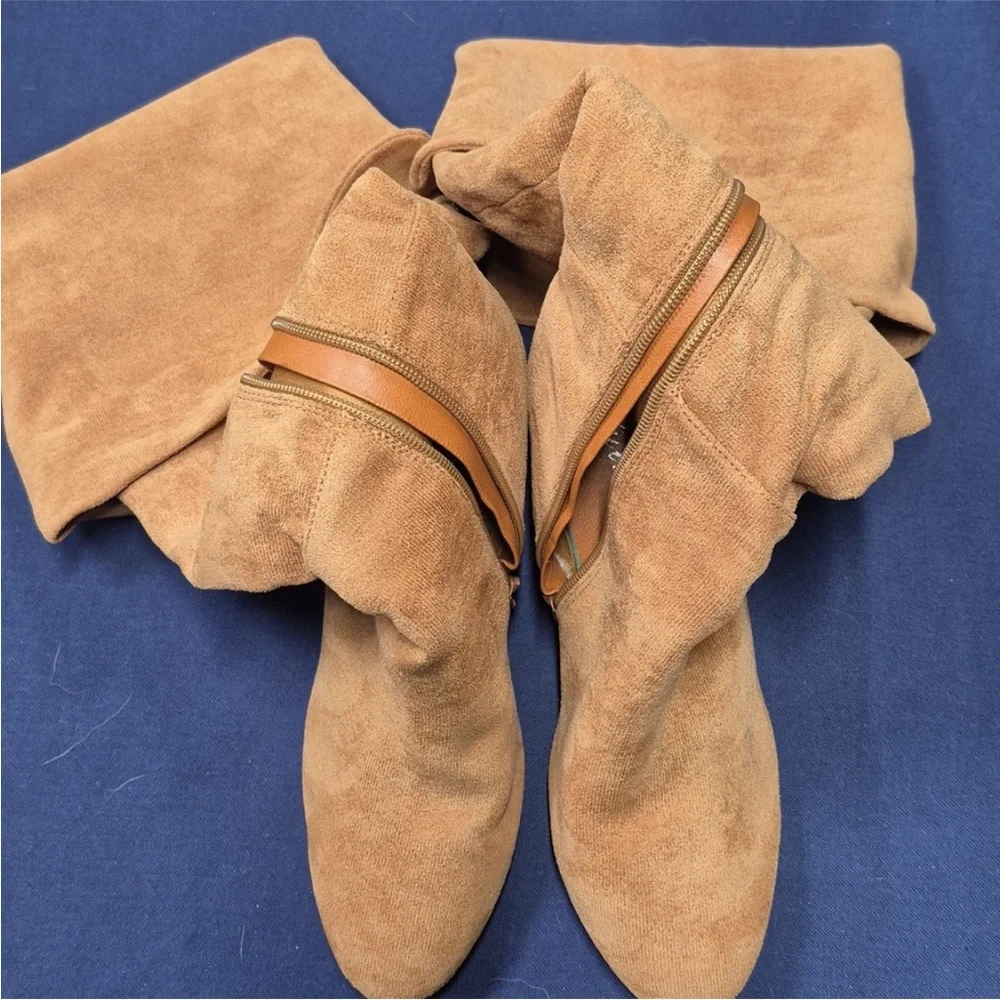 Putu Boots Block Heel Over the Knee Faux Suede Tall Tan Light Brown Size 8.5 - Picture 5 of 11